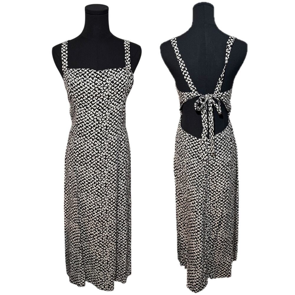 LPA Square Neck Midi Dress Tie Closure Open Back Sleeveless Patterned Medium
